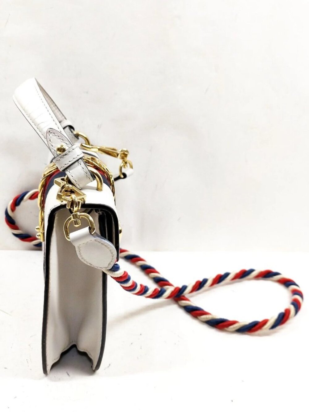 Authentic Gucci Sylvie Mini Top Handle White Leather Web Stripe Chain Crossbody - Picture 5 of 16